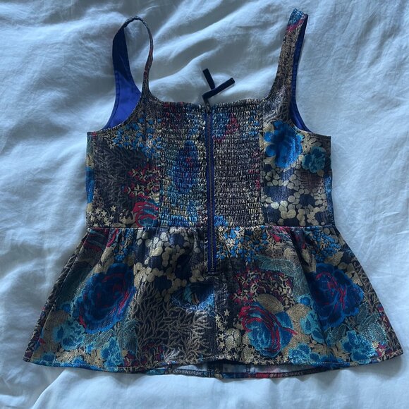 Anthropologie Metallic Floral Brocade Peplum Crop Top (Blue/Gold/Red) SIze 6 - Picture 2 of 4